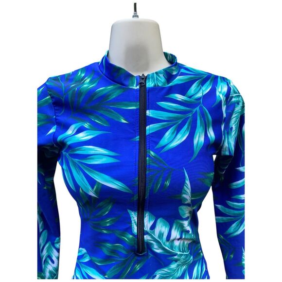 Shein Swim Tropical Print Zipper Front High Neck One Piece Blue swimsuit Size S - Picture 8 of 12